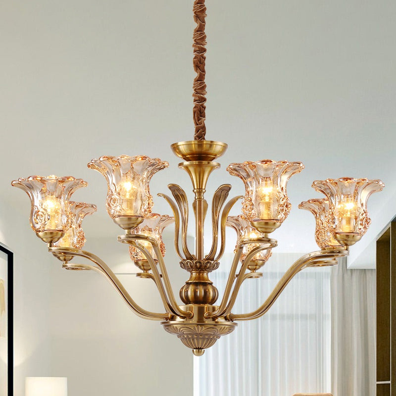 Flower Clear Glass Pendant Chandelier Rural 3/6/8 Heads Living Room Hanging Ceiling Light in Brass with Branching Design Clearhalo 'Ceiling Lights' 'Chandeliers' Lighting' options 1474610