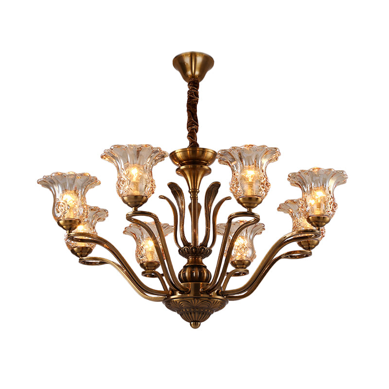 Flower Clear Glass Pendant Chandelier Rural 3/6/8 Heads Living Room Hanging Ceiling Light in Brass with Branching Design Clearhalo 'Ceiling Lights' 'Chandeliers' Lighting' options 1474612