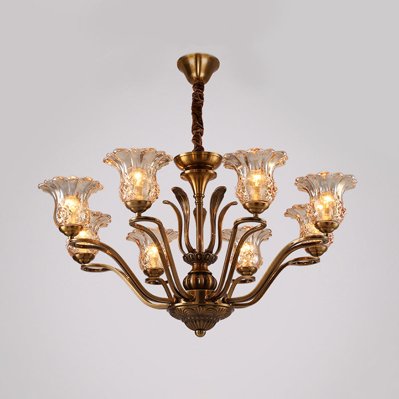 Flower Clear Glass Pendant Chandelier Rural 3/6/8 Heads Living Room Hanging Ceiling Light in Brass with Branching Design Clearhalo 'Ceiling Lights' 'Chandeliers' Lighting' options 1474613