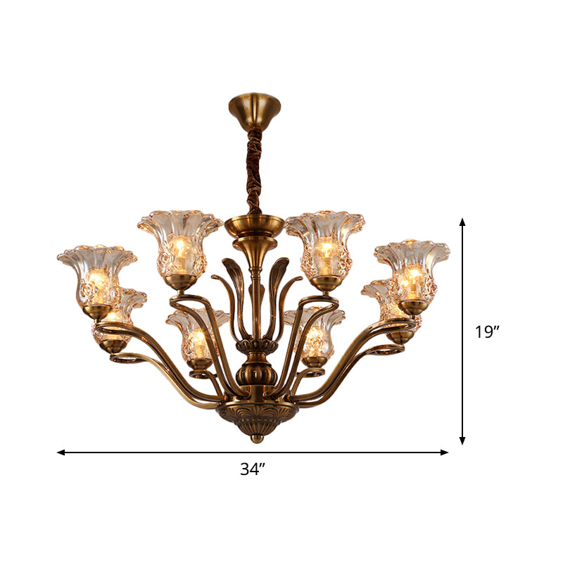 Flower Clear Glass Pendant Chandelier Rural 3/6/8 Heads Living Room Hanging Ceiling Light in Brass with Branching Design Clearhalo 'Ceiling Lights' 'Chandeliers' Lighting' options 1474614