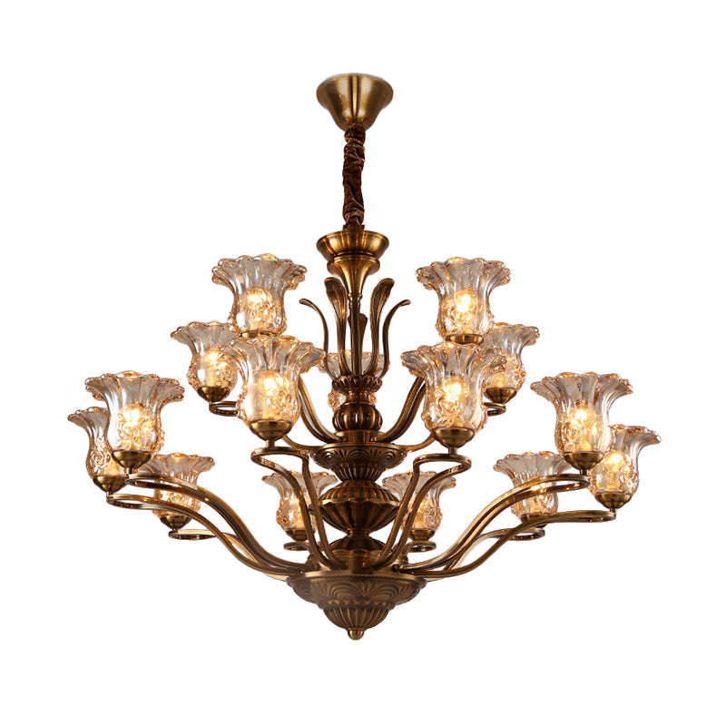 Flower Clear Glass Pendant Chandelier Rural 3/6/8 Heads Living Room Hanging Ceiling Light in Brass with Branching Design 15 Brass Clearhalo 'Ceiling Lights' 'Chandeliers' Lighting' options 1474617_463bc9e5-e75a-48ee-bb04-c6408a2e7c93