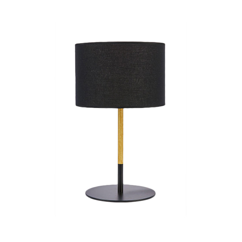 Black/White 1 Light Table Light Countryside Fabric Drum Shade Nightstand Lighting with Metal Base Black Clearhalo 'Lamps' 'Table Lamps' Lighting' 1474627