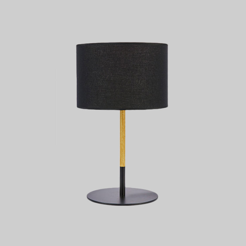 Black/White 1 Light Table Light Countryside Fabric Drum Shade Nightstand Lighting with Metal Base Clearhalo 'Lamps' 'Table Lamps' Lighting' 1474628