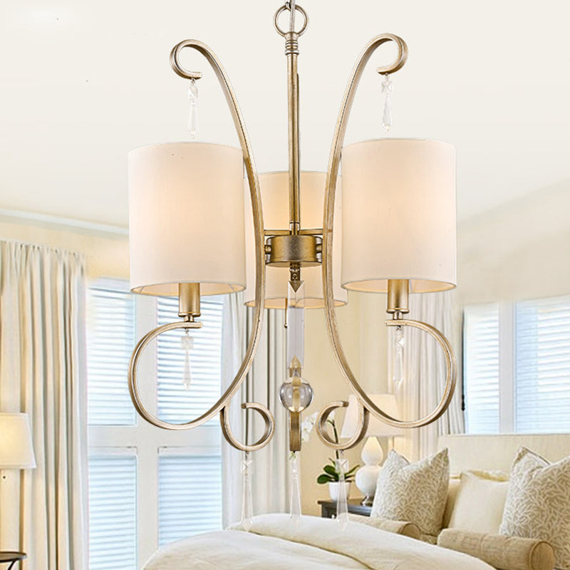 Gold Cylinder Chandelier Light Fixture Traditional Fabric 3-Bulb Metal Bedroom Hanging Lamp with Crystal Accent Clearhalo 'Ceiling Lights' 'Chandeliers' Lighting' options 1474629