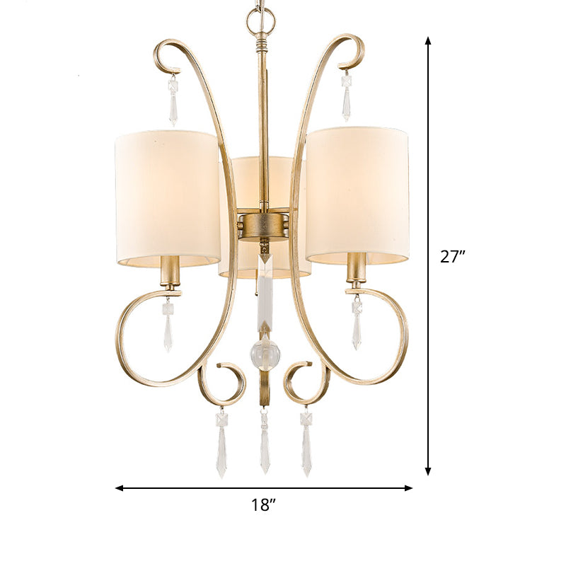Gold Cylinder Chandelier Light Fixture Traditional Fabric 3-Bulb Metal Bedroom Hanging Lamp with Crystal Accent Clearhalo 'Ceiling Lights' 'Chandeliers' Lighting' options 1474633