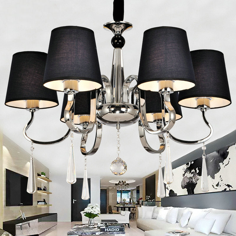 6/8 Heads Metal Suspension Lamp Country Conic Fabric Chandelier Pendant Light in Black with Crystal Droplet Clearhalo 'Ceiling Lights' 'Chandeliers' Lighting' options 1474665