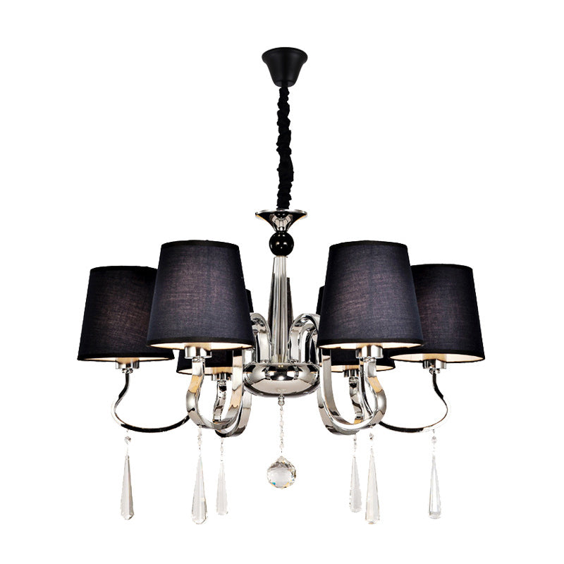 6/8 Heads Metal Suspension Lamp Country Conic Fabric Chandelier Pendant Light in Black with Crystal Droplet Clearhalo 'Ceiling Lights' 'Chandeliers' Lighting' options 1474666