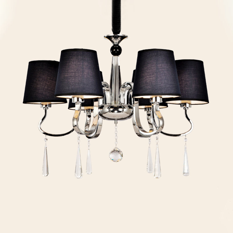 6/8 Heads Metal Suspension Lamp Country Conic Fabric Chandelier Pendant Light in Black with Crystal Droplet Clearhalo 'Ceiling Lights' 'Chandeliers' Lighting' options 1474667