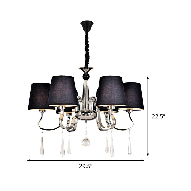 6/8 Heads Metal Suspension Lamp Country Conic Fabric Chandelier Pendant Light in Black with Crystal Droplet Clearhalo 'Ceiling Lights' 'Chandeliers' Lighting' options 1474668