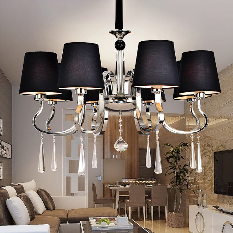 6/8 Heads Metal Suspension Lamp Country Conic Fabric Chandelier Pendant Light in Black with Crystal Droplet Clearhalo 'Ceiling Lights' 'Chandeliers' Lighting' options 1474669