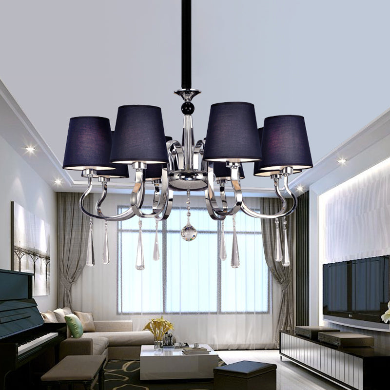 6/8 Heads Metal Suspension Lamp Country Conic Fabric Chandelier Pendant Light in Black with Crystal Droplet Clearhalo 'Ceiling Lights' 'Chandeliers' Lighting' options 1474670