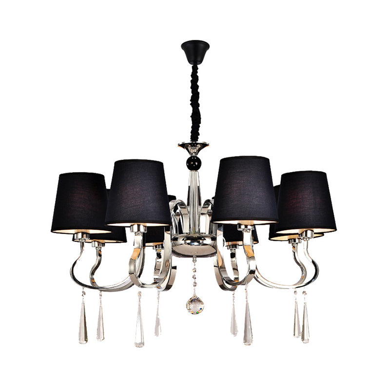 6/8 Heads Metal Suspension Lamp Country Conic Fabric Chandelier Pendant Light in Black with Crystal Droplet Clearhalo 'Ceiling Lights' 'Chandeliers' Lighting' options 1474671