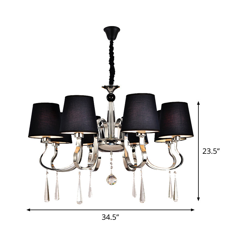 6/8 Heads Metal Suspension Lamp Country Conic Fabric Chandelier Pendant Light in Black with Crystal Droplet Clearhalo 'Ceiling Lights' 'Chandeliers' Lighting' options 1474673