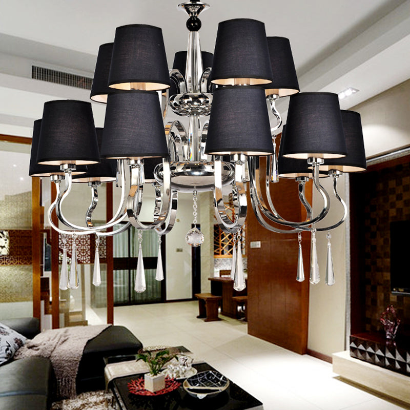 6/8 Heads Metal Suspension Lamp Country Conic Fabric Chandelier Pendant Light in Black with Crystal Droplet Clearhalo 'Ceiling Lights' 'Chandeliers' Lighting' options 1474674