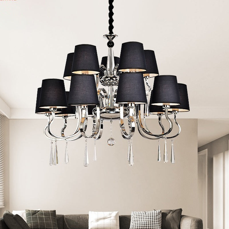 6/8 Heads Metal Suspension Lamp Country Conic Fabric Chandelier Pendant Light in Black with Crystal Droplet Clearhalo 'Ceiling Lights' 'Chandeliers' Lighting' options 1474675