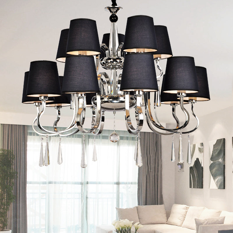 6/8 Heads Metal Suspension Lamp Country Conic Fabric Chandelier Pendant Light in Black with Crystal Droplet Clearhalo 'Ceiling Lights' 'Chandeliers' Lighting' options 1474676