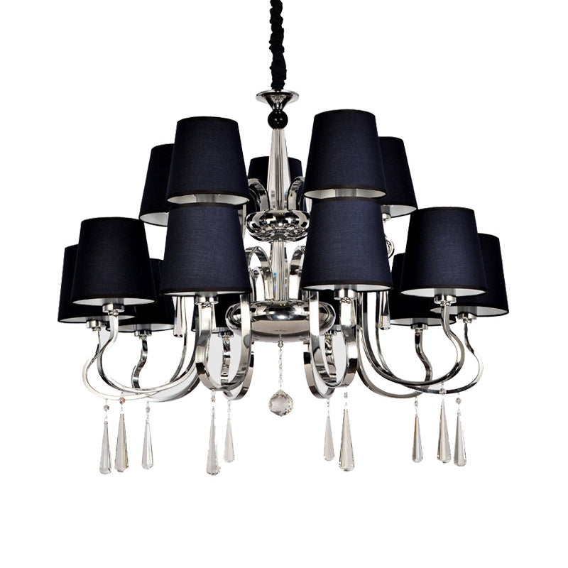 6/8 Heads Metal Suspension Lamp Country Conic Fabric Chandelier Pendant Light in Black with Crystal Droplet Clearhalo 'Ceiling Lights' 'Chandeliers' Lighting' options 1474677