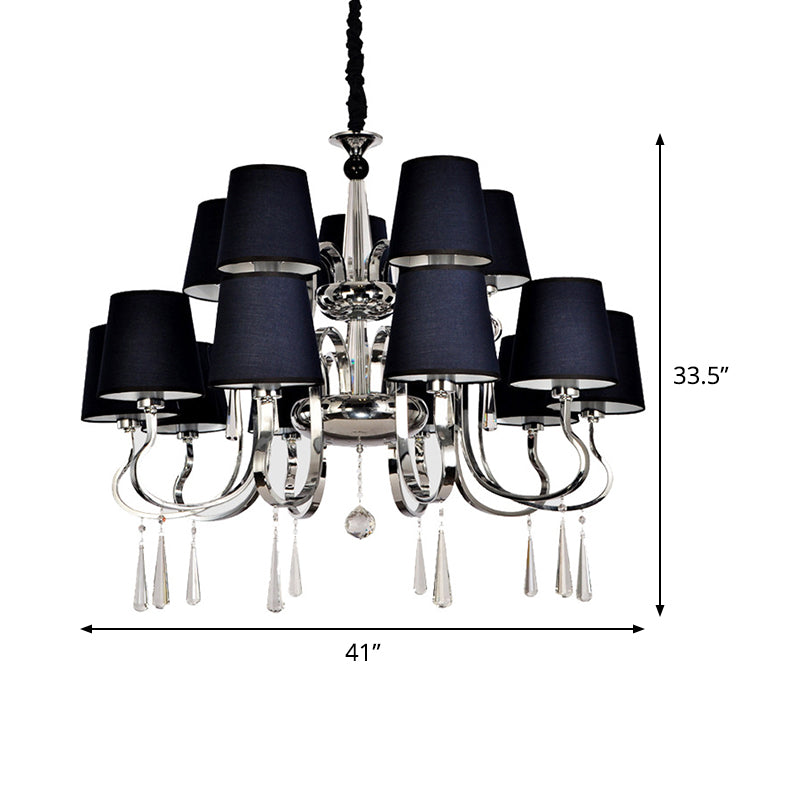 6/8 Heads Metal Suspension Lamp Country Conic Fabric Chandelier Pendant Light in Black with Crystal Droplet Clearhalo 'Ceiling Lights' 'Chandeliers' Lighting' options 1474678