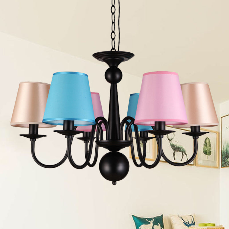 Cone Restaurant Ceiling Chandelier Traditional Fabric 6 Lights Black Finish Hanging Pendant Light with Metal Curved Arm Clearhalo 'Ceiling Lights' 'Chandeliers' Lighting' options 1474689