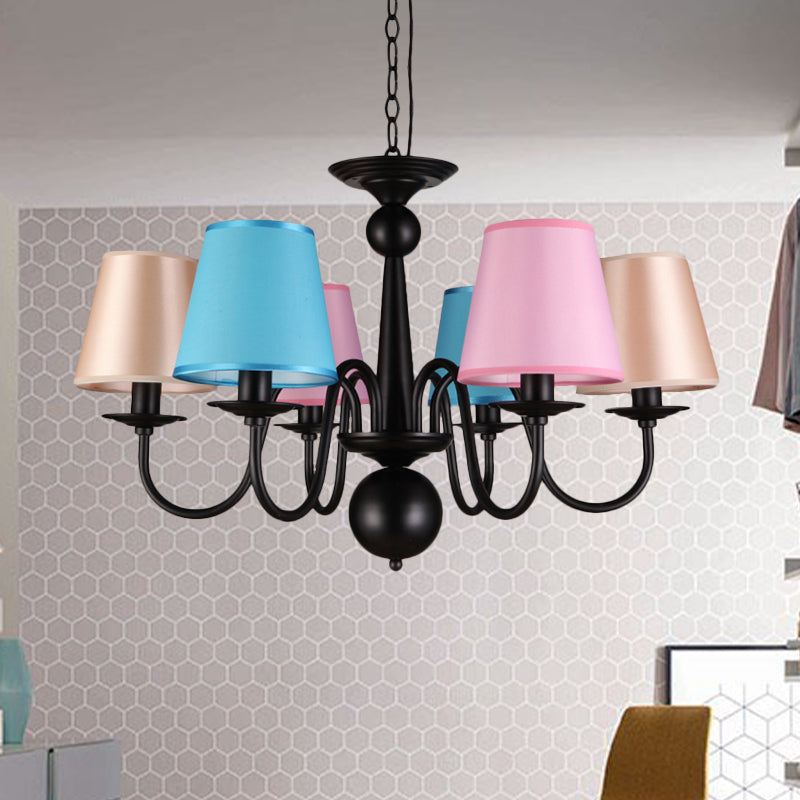 Cone Restaurant Ceiling Chandelier Traditional Fabric 6 Lights Black Finish Hanging Pendant Light with Metal Curved Arm Clearhalo 'Ceiling Lights' 'Chandeliers' Lighting' options 1474690