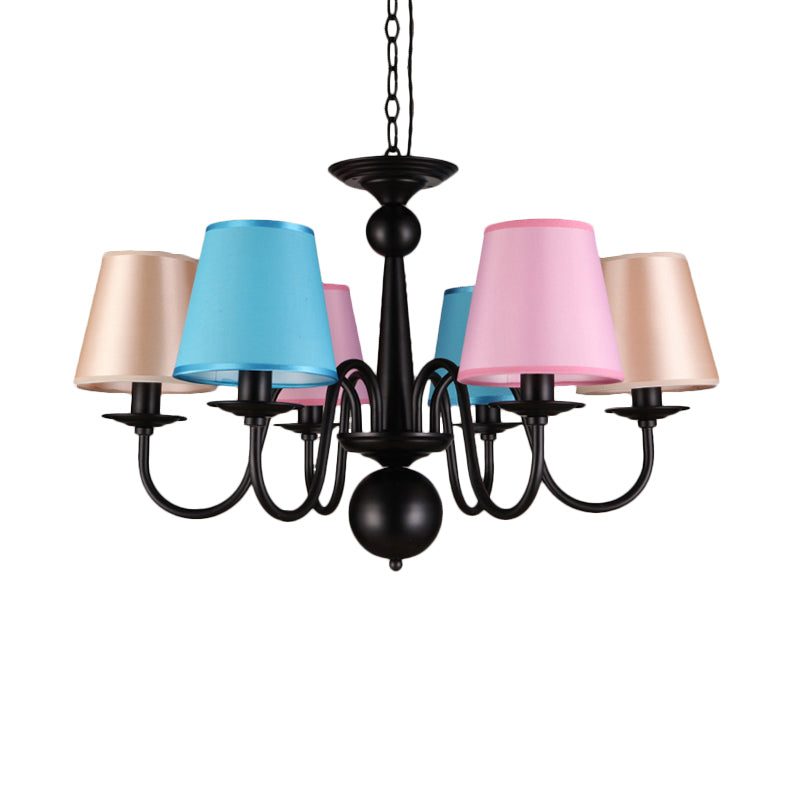 Cone Restaurant Ceiling Chandelier Traditional Fabric 6 Lights Black Finish Hanging Pendant Light with Metal Curved Arm Clearhalo 'Ceiling Lights' 'Chandeliers' Lighting' options 1474691