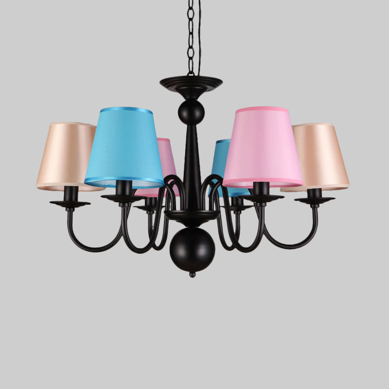 Cone Restaurant Ceiling Chandelier Traditional Fabric 6 Lights Black Finish Hanging Pendant Light with Metal Curved Arm Clearhalo 'Ceiling Lights' 'Chandeliers' Lighting' options 1474692