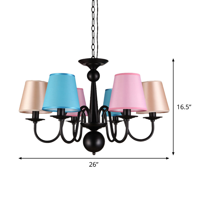 Cone Restaurant Ceiling Chandelier Traditional Fabric 6 Lights Black Finish Hanging Pendant Light with Metal Curved Arm Clearhalo 'Ceiling Lights' 'Chandeliers' Lighting' options 1474693