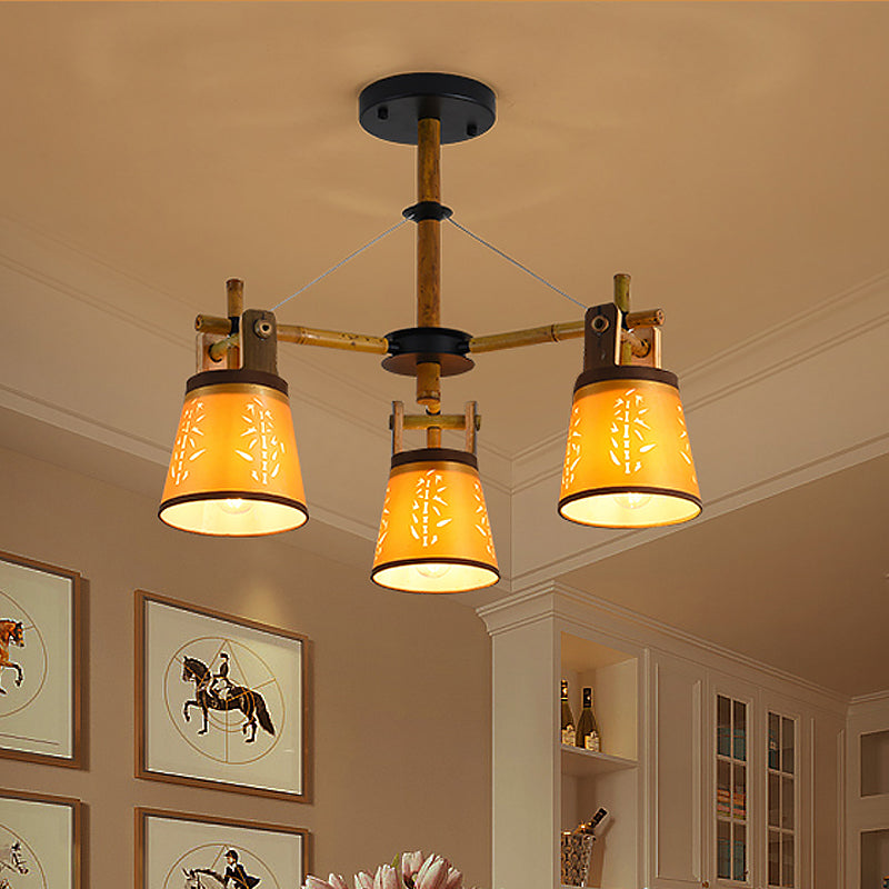 Tapered Fabric Chandelier Country Style 3/6/8 Bulbs Living Room Hanging Lamp Kit with Wood Shelf Design Clearhalo 'Ceiling Lights' 'Chandeliers' Lighting' options 1474695