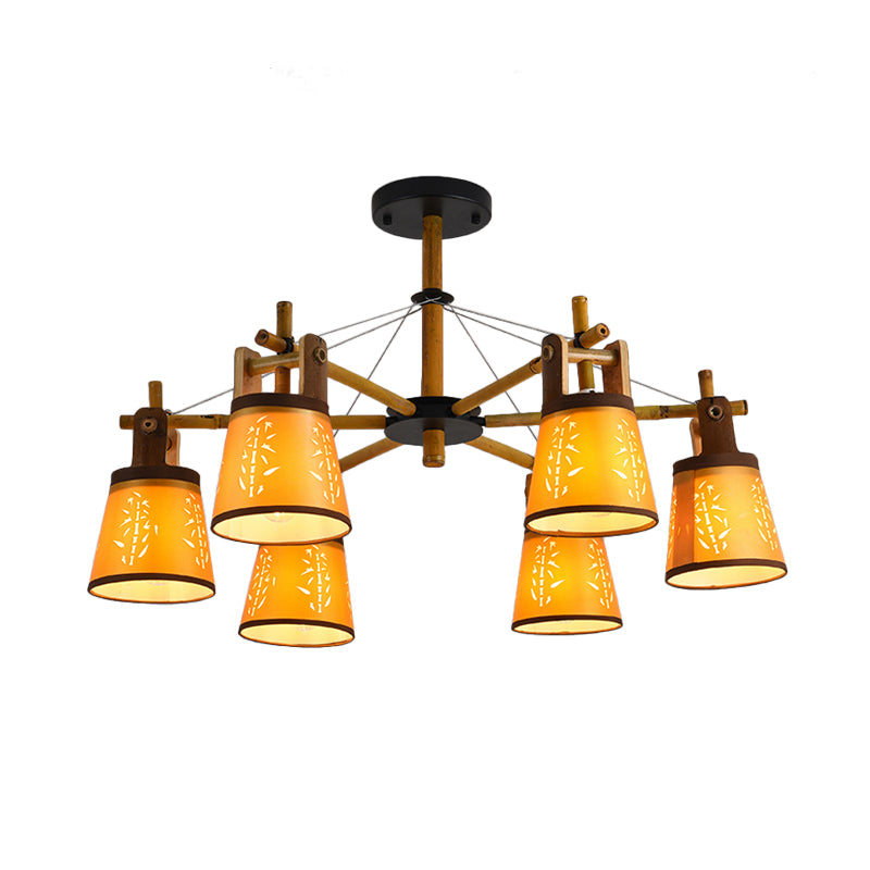 Tapered Fabric Chandelier Country Style 3/6/8 Bulbs Living Room Hanging Lamp Kit with Wood Shelf Design 6 Brown Clearhalo 'Ceiling Lights' 'Chandeliers' Lighting' options 1474701_20a9353f-ac38-4620-bf24-a51e0cee872c