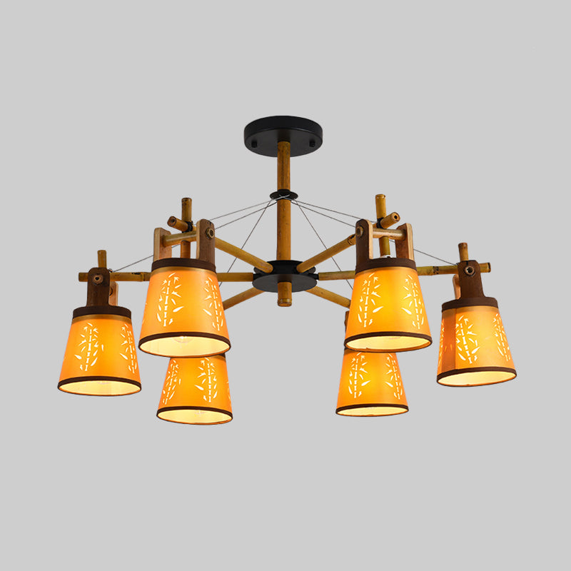 Tapered Fabric Chandelier Country Style 3/6/8 Bulbs Living Room Hanging Lamp Kit with Wood Shelf Design Clearhalo 'Ceiling Lights' 'Chandeliers' Lighting' options 1474702