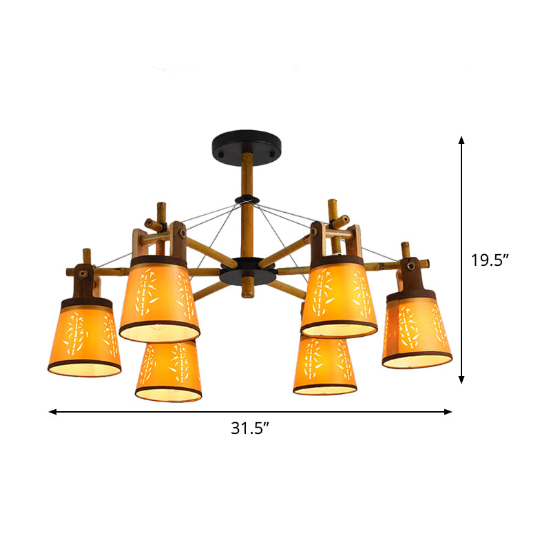 Tapered Fabric Chandelier Country Style 3/6/8 Bulbs Living Room Hanging Lamp Kit with Wood Shelf Design Clearhalo 'Ceiling Lights' 'Chandeliers' Lighting' options 1474703