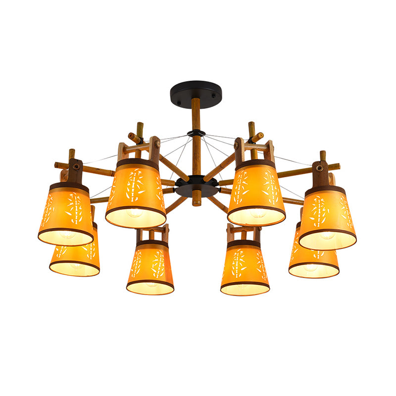 Tapered Fabric Chandelier Country Style 3/6/8 Bulbs Living Room Hanging Lamp Kit with Wood Shelf Design Clearhalo 'Ceiling Lights' 'Chandeliers' Lighting' options 1474706