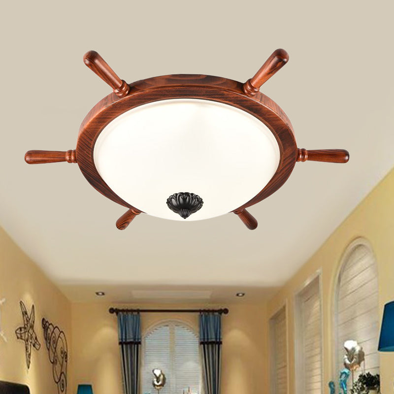 Brown 2-Light Flush Mount Light Rural Style Opal Glass Bowl Shade Close to Ceiling Lighting with Wood Frame Brown Clearhalo 'Ceiling Lights' 'Close To Ceiling Lights' 'Close to ceiling' 'Flush mount' Lighting' 1474709