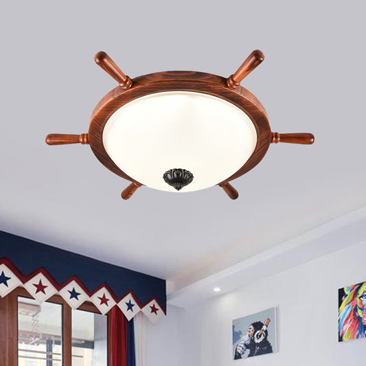 Brown 2-Light Flush Mount Light Rural Style Opal Glass Bowl Shade Close to Ceiling Lighting with Wood Frame Clearhalo 'Ceiling Lights' 'Close To Ceiling Lights' 'Close to ceiling' 'Flush mount' Lighting' 1474710