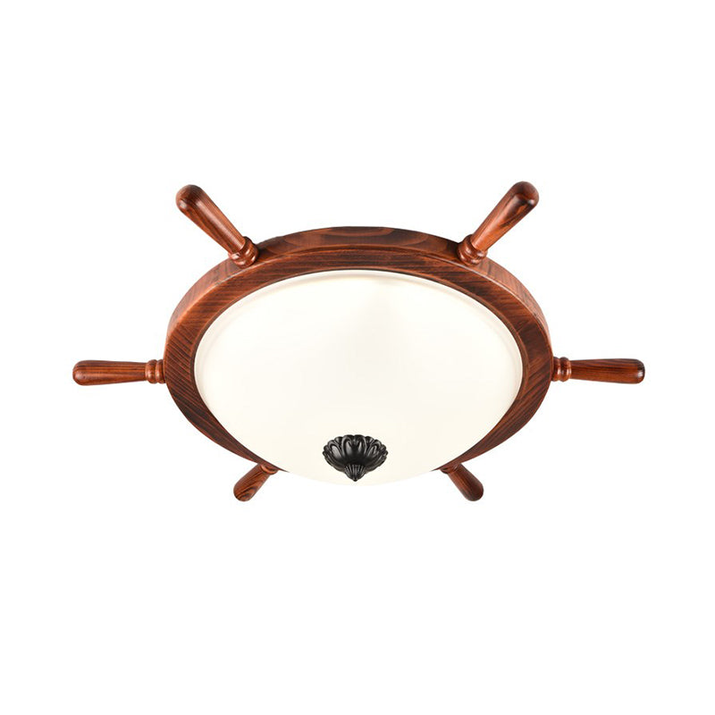 Brown 2-Light Flush Mount Light Rural Style Opal Glass Bowl Shade Close to Ceiling Lighting with Wood Frame Clearhalo 'Ceiling Lights' 'Close To Ceiling Lights' 'Close to ceiling' 'Flush mount' Lighting' 1474711