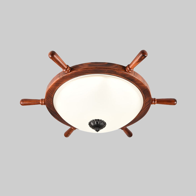 Brown 2-Light Flush Mount Light Rural Style Opal Glass Bowl Shade Close to Ceiling Lighting with Wood Frame Clearhalo 'Ceiling Lights' 'Close To Ceiling Lights' 'Close to ceiling' 'Flush mount' Lighting' 1474712