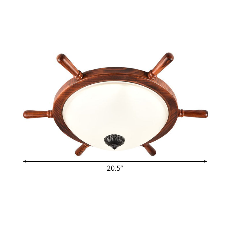 Brown 2-Light Flush Mount Light Rural Style Opal Glass Bowl Shade Close to Ceiling Lighting with Wood Frame Clearhalo 'Ceiling Lights' 'Close To Ceiling Lights' 'Close to ceiling' 'Flush mount' Lighting' 1474713