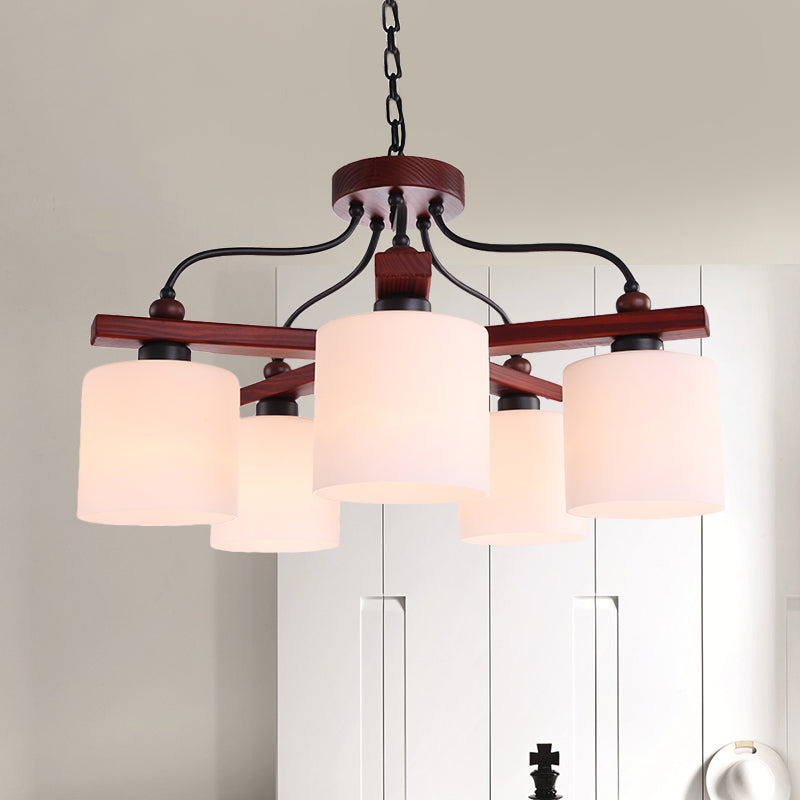 Retro Cylindrical Hanging Chandelier 5 Lights Cream Glass Drop Pendant in Brown with Wooden Arm Clearhalo 'Ceiling Lights' 'Chandeliers' Lighting' options 1474714