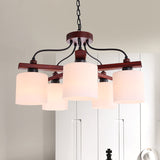 Retro Cylindrical Hanging Chandelier 5 Lights Cream Glass Drop Pendant in Brown with Wooden Arm Clearhalo 'Ceiling Lights' 'Chandeliers' Lighting' options 1474714