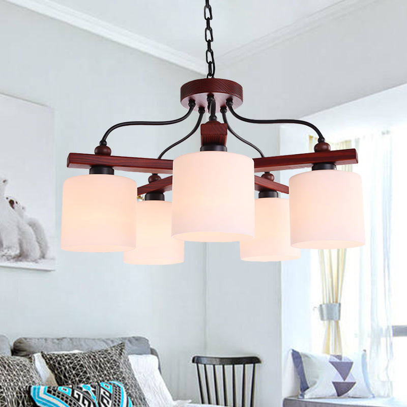 Retro Cylindrical Hanging Chandelier 5 Lights Cream Glass Drop Pendant in Brown with Wooden Arm Clearhalo 'Ceiling Lights' 'Chandeliers' Lighting' options 1474715