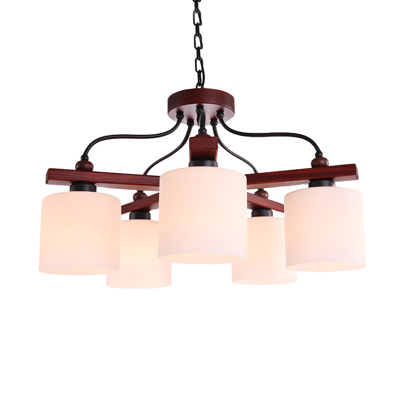 Retro Cylindrical Hanging Chandelier 5 Lights Cream Glass Drop Pendant in Brown with Wooden Arm Clearhalo 'Ceiling Lights' 'Chandeliers' Lighting' options 1474716