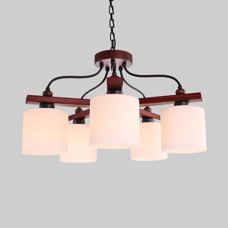 Retro Cylindrical Hanging Chandelier 5 Lights Cream Glass Drop Pendant in Brown with Wooden Arm Clearhalo 'Ceiling Lights' 'Chandeliers' Lighting' options 1474717