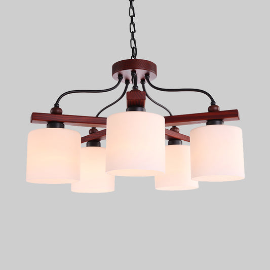 Retro Cylindrical Hanging Chandelier 5 Lights Cream Glass Drop Pendant in Brown with Wooden Arm Clearhalo 'Ceiling Lights' 'Chandeliers' Lighting' options 1474717