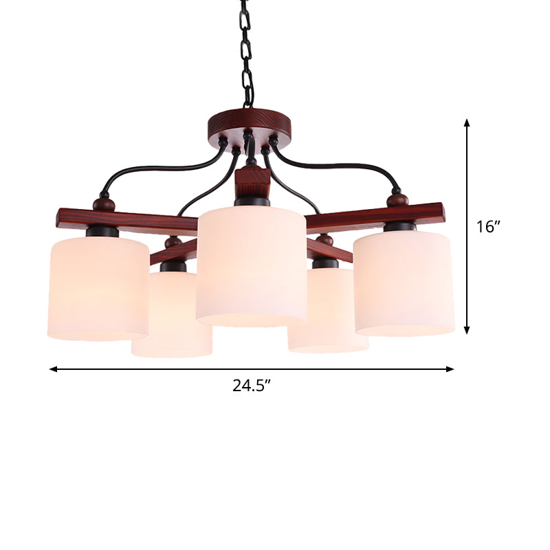 Retro Cylindrical Hanging Chandelier 5 Lights Cream Glass Drop Pendant in Brown with Wooden Arm Clearhalo 'Ceiling Lights' 'Chandeliers' Lighting' options 1474718