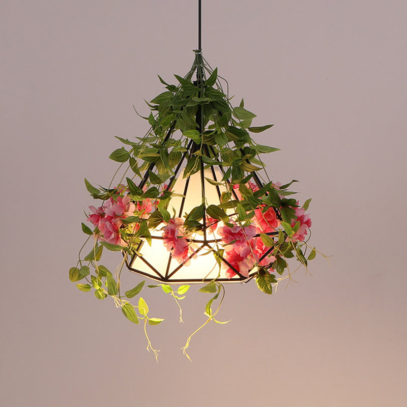 White/Pink 1-Bulb Ceiling Lamp Industrial Iron Diamond Cage Drop Pendant with Cherry Blossom Decor, 10"/15"/18" Wide Clearhalo 'Art Deco Pendants' 'Cast Iron' 'Ceiling Lights' 'Ceramic' 'Crystal' 'Industrial Pendants' 'Industrial' 'Metal' 'Middle Century Pendants' 'Pendant Lights' 'Pendants' 'Tiffany' Lighting' 1474754