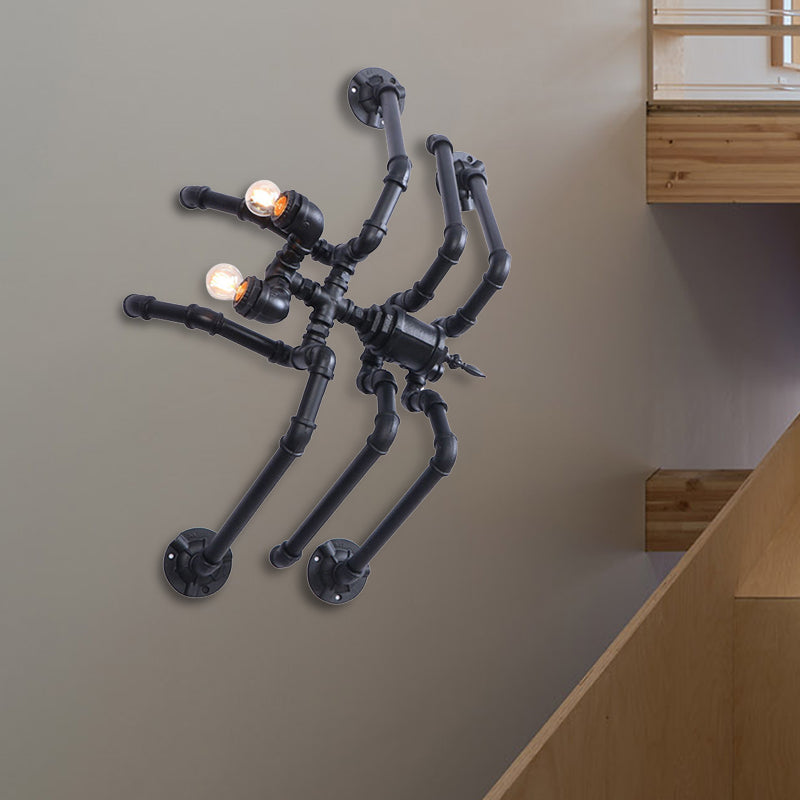 Black Spider Shaped Wall Lamp Fixture with Water Pipe Antique Style Metallic 2 Bulbs Stairway Wall Light Clearhalo 'Art deco wall lights' 'Cast Iron' 'Glass' 'Industrial wall lights' 'Industrial' 'Middle century wall lights' 'Modern' 'Rustic wall lights' 'Tiffany' 'Traditional wall lights' 'Wall Lamps & Sconces' 'Wall Lights' Lighting' 147483