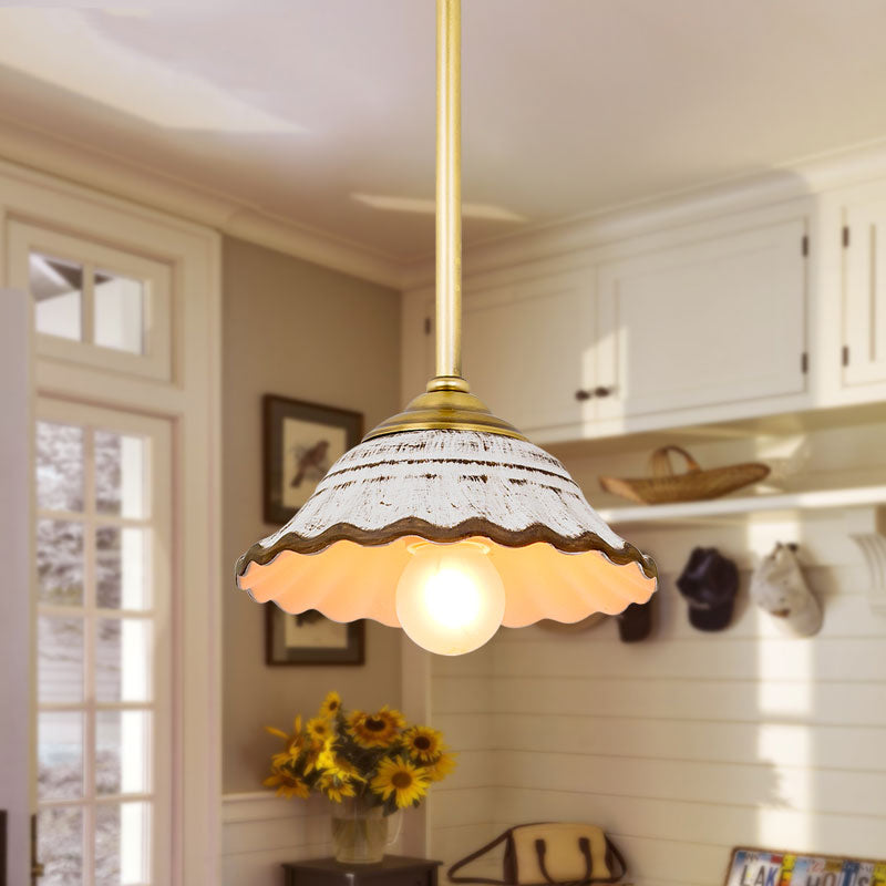 Bowl Shaped Ceramic Drop Pendant Rural Single Dining Room Pendulum Light with Scalloped Trim in White Clearhalo 'Ceiling Lights' 'Pendant Lights' 'Pendants' Lighting' 1474870