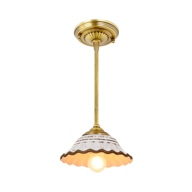 Bowl Shaped Ceramic Drop Pendant Rural Single Dining Room Pendulum Light with Scalloped Trim in White Clearhalo 'Ceiling Lights' 'Pendant Lights' 'Pendants' Lighting' 1474873