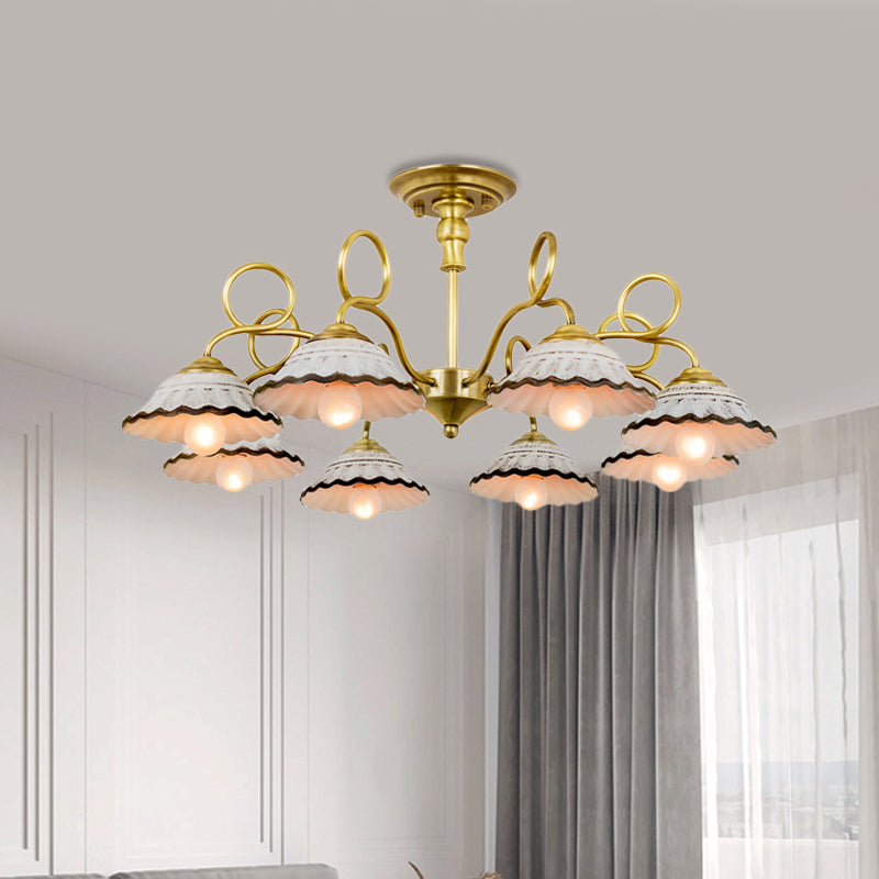 3/6 Heads Flared Chandelier Lamp Traditional Gold Ceramic Pendant Lighting Fixture with Swirl Arm 8 Gold Clearhalo 'Ceiling Lights' 'Chandeliers' Lighting' options 1474877_63d33f26-e587-4e97-b116-bccf13965696