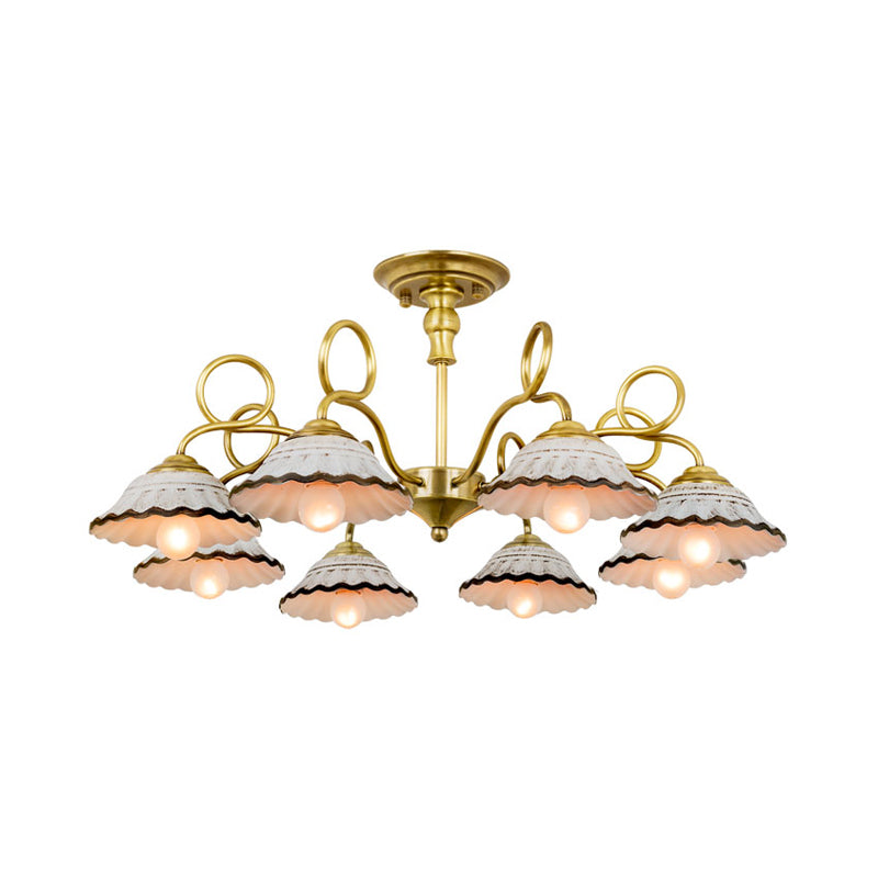 3/6 Heads Flared Chandelier Lamp Traditional Gold Ceramic Pendant Lighting Fixture with Swirl Arm Clearhalo 'Ceiling Lights' 'Chandeliers' Lighting' options 1474878